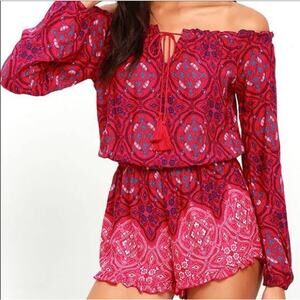 O'Neill Womens S Nashville Red Print Off Shoulder Romper Boho Red Pink Summer